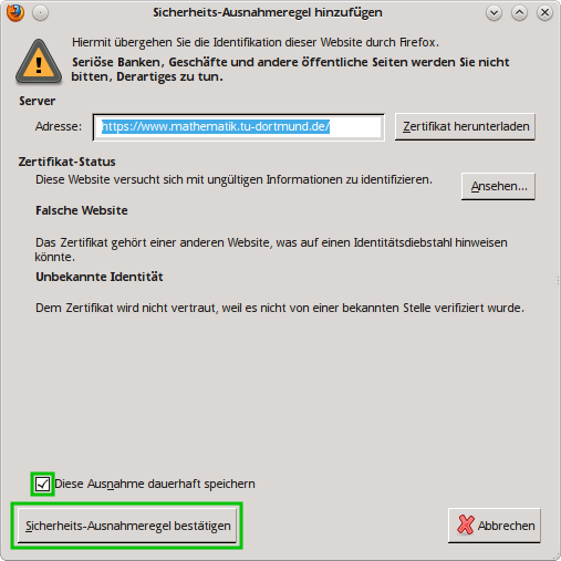 Zertifikat akzeptieren bei Firefox, Schritt 2