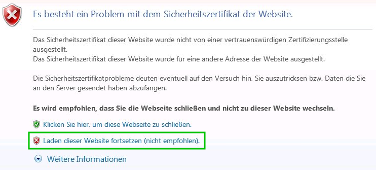 Zertifikat akzeptieren beim Internet Explorer